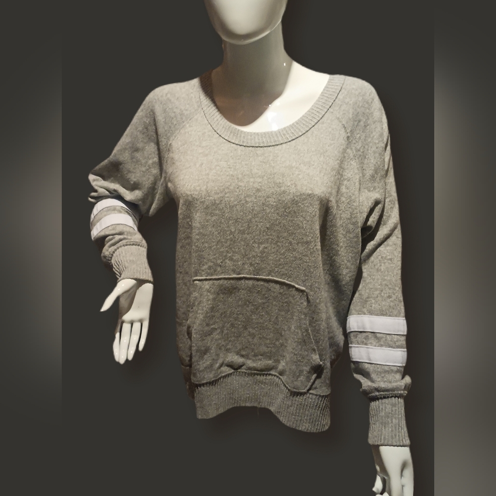 Lily White Gray Sweater with White Sleeve Stripes
